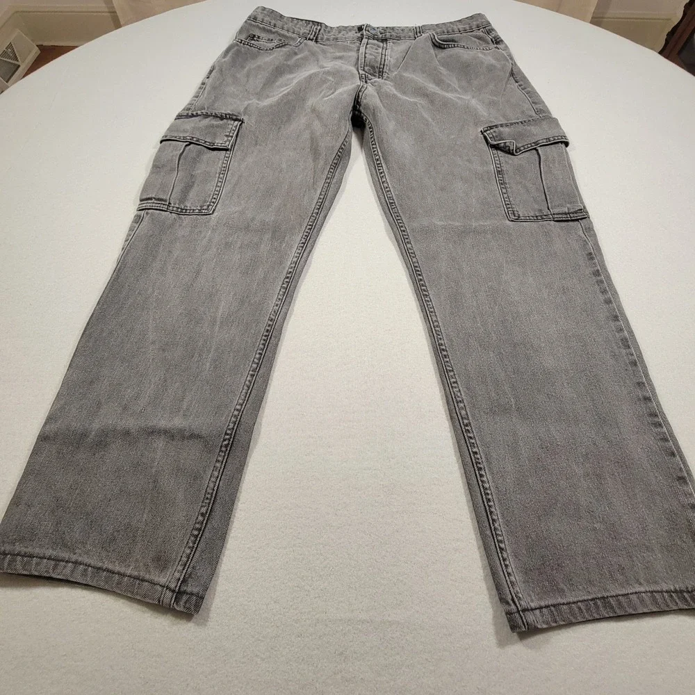 Boohoo MAN Jeans Gray Wash Denim Cargo Pant Mens Size 38 Button Fly Straight Leg